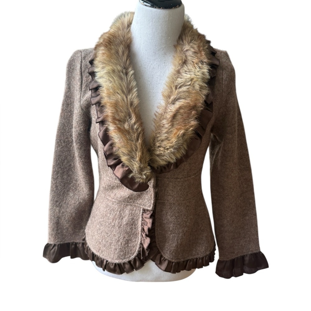 Dress Barn Cardigan Sweater 100% Wool Faux Fur Collar Satin Ruffle Trim Festival